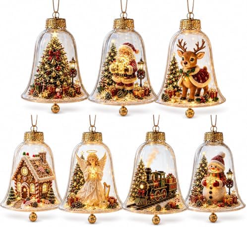 7PCS Glowing Christmas Ornaments - Mini Gold Light-Up Christmas Ball Ornaments - Christmas Tree Ornament with Warm LED Light for Tree Mantel, Holiday Scene Decoration & Gift