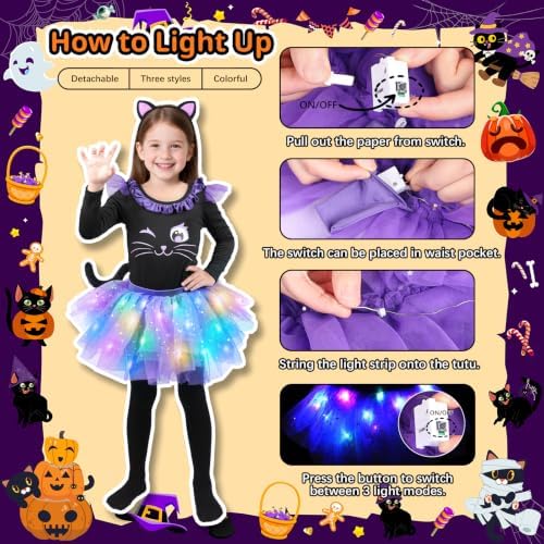 GIFTINBOX Black Halloween Cat Costume for Girls, Light Up Outfit Kids 3-8