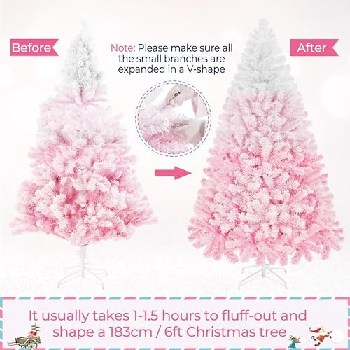 Yaheetech 6ft Prelit Flocked Christmas Tree, Pink & White, 250 Lights