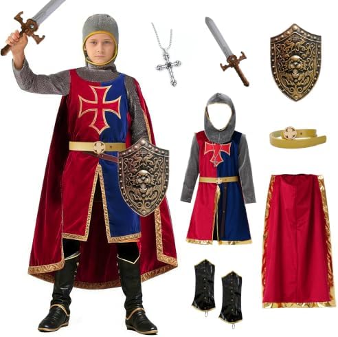 8 Pcs Medieval Kids Knight Costume for Boys and Girls with Cape Shield Sword