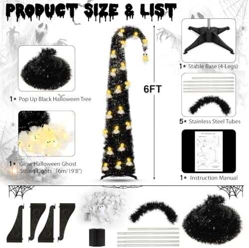 6FT Black Halloween Pop Up Christmas Tree with Ghost String Lights