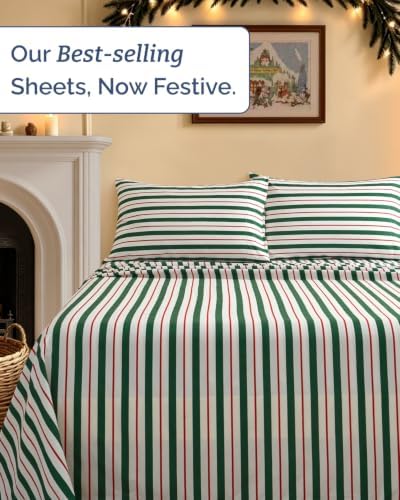 Christmas Sheet Set, Cabana Stripe, Holiday Xmas Bedding Set - Full Size