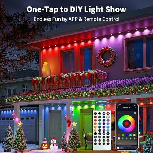 XINKAITE 400FT Permanent Outdoor Lights with 200 LEDs - Smart RGB+IC with 16 Million Colors, IP67 Waterproof, App & Remote Control, Hundreds of Modes for Holidays, Christmas & Home(2 Rolls 200FT)
