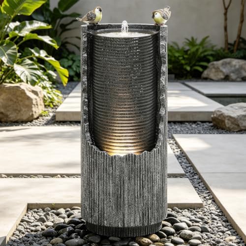 AUTODAYA 32" Bird Outdoor Fountain Distressed Fluted Column with Lights