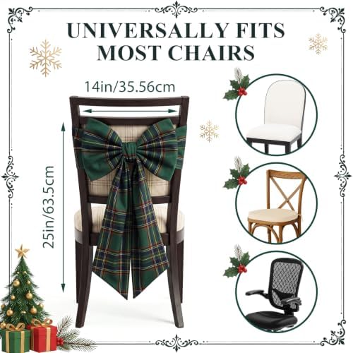 Thiccywoov 4 Pcs Christmas Chair Bows Decorations 25 x 14 in, Green Tartan