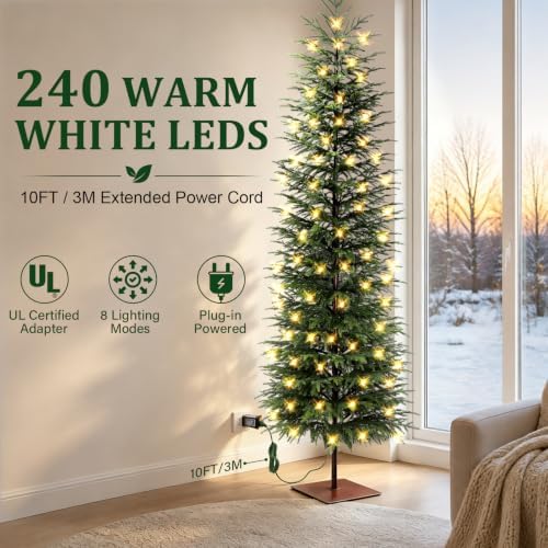 7FT Norfolk Pine Christmas Tree, Pre-Lit 240 LED Lights with 8 Modes, Real-Touch PE Material, Family & Pet Friendly, Heavy-Duty Weighted Base for Home Office Patio Christmas Decor