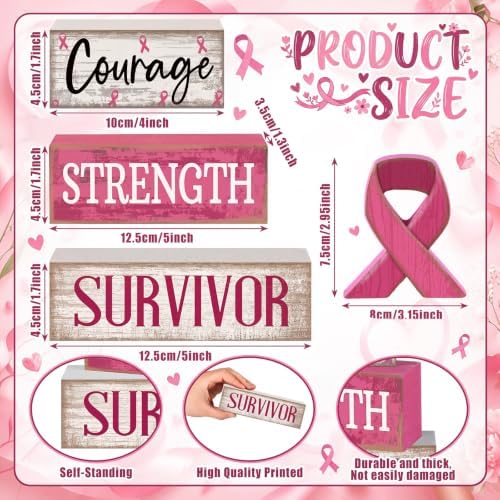 Moucuny 4 Pcs Breast Cancer Awareness Table Decoration Wooden Pink Ribbon