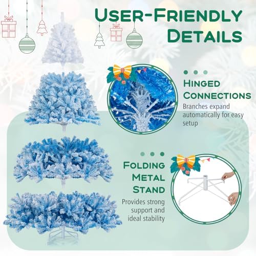 HAPPYGRILL 8 FT Flocked Christmas Tree Blue Hinged Xmas Tree with 1774 Branch Tips & Folding Metal Stand, Artificial Christmas Tree for Home Office Carnival