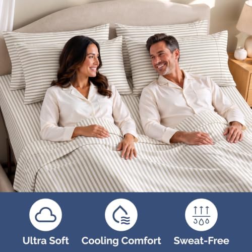 Flex Top Split Head King 4 Piece Sheet Set - Soft & Cooling - Beige Stripes