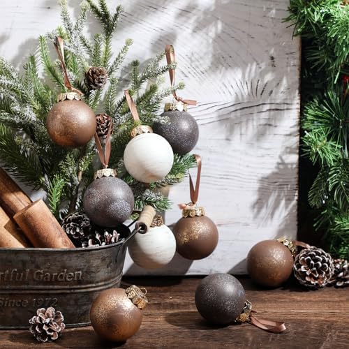 Yunlly 12 Pcs Neutral Christmas Ornament, Bronze Taupe Ivory, 2.36''