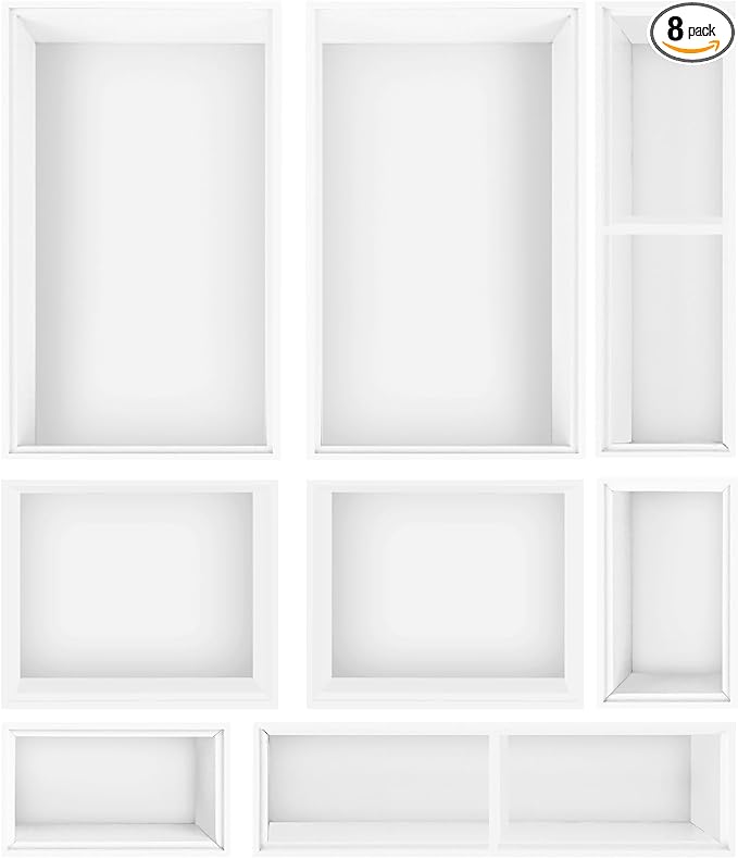 Bamboo Drawer Organizer Set, 8 PCS White Multi-Use Wood Drawer Storage Kitchen Boxes, Junk Drawer Organizer Divider Bins for Bathroom, Office Desk, Makeup, Jewelry, Utensils