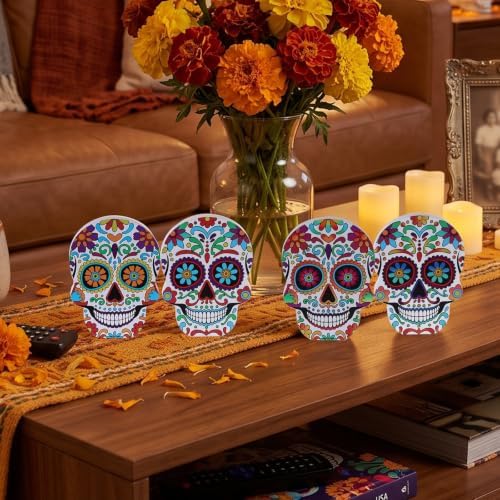 DECSPAS Day of the Dead Decor, 4 PCs Wood Block Sugar Skulls Dia De Los Muertos Decorations, Wooden Skeleton Tiered Tray Decor for Altar, Ofrenda, Home, Table, Mantle, Mexican Fiesta