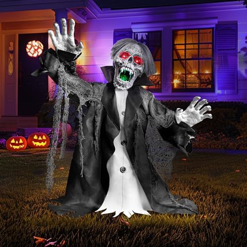 Halloween Animatronic Zombie Groundbreaker Decoration, 2.3 FT Motion & Sound Activated Scary Outdoor Prop with Light-Up Eyes for Yard, Lawn, Patio & Haunted House