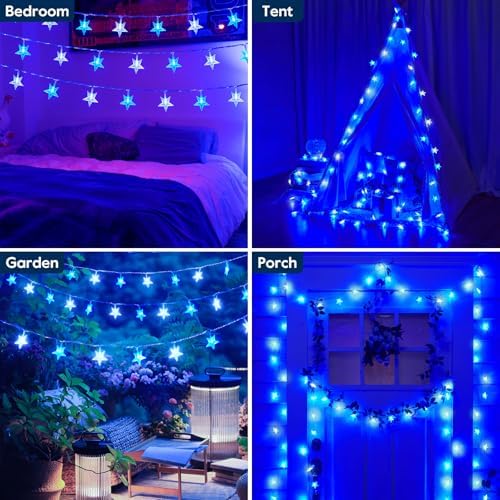 Star String Lights Plug in - 33 ft 100 LED Star Fairy String Lights with Remote and Timer, 8 Modes Waterproof for Bedroom Tent Loft Bed Window Backyard Patio Porch Balcony Staircase Party, Blue