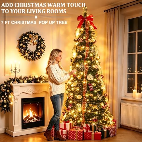 7 FT Prelit Pop Up Christmas Tree with 250 Warm White & Multicolor Lights 8 Modes & Timer Fully Decorated 103 Ornaments, Collapsible Pull Up Christmas Tree with Lights for Indoor Home Party Decor