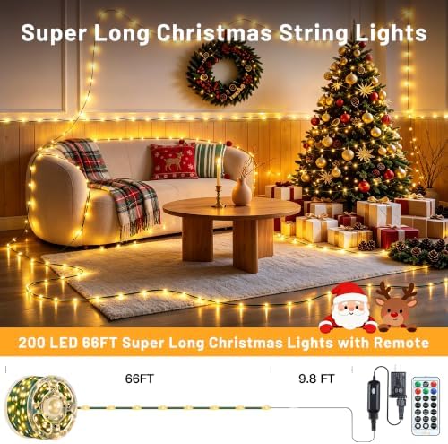 Ollny Christmas Lights 200LED 66FT Warm White