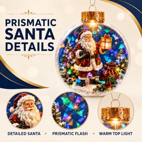 Lighted Santa Ornament with Prismatic Sparkle, 3.15 Inch Christmas Decor