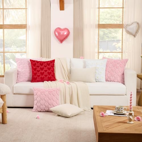 Softalker Pink Heart Pillow Covers 18 x 18 Inch Set of 2, Spring Summer Soft Faux Fur Cushion Covers, 3D Embroidered Pillow Cases for Girl's Room Decor