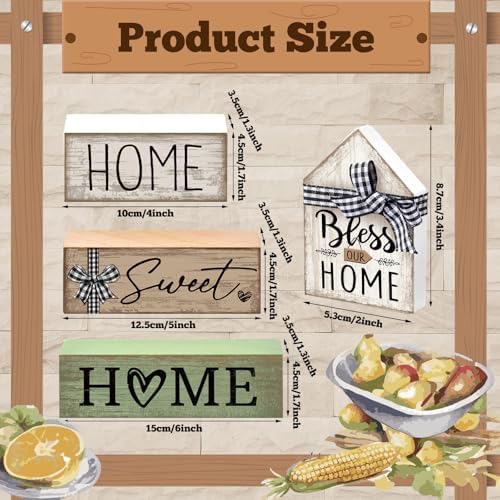 Moucuny 4 Pcs Wooden Farmhouse Table Decor Rustic Home Sweet Home Stacked Blocks Decoration Farmhouse Tiered Tray Decor Decorative Eucalyptus Block Signs Bless Gift for Kitchen Shelf Coffee Table