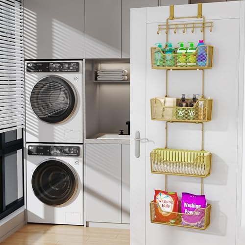 HapiRm Over The Door Organizer - Hanging Door Organizer with 4 Metal Large Capacity Baskets and Adjustable Coat Hook for Bathroom Bedroom Kitchen Pantry Closet Cabinet