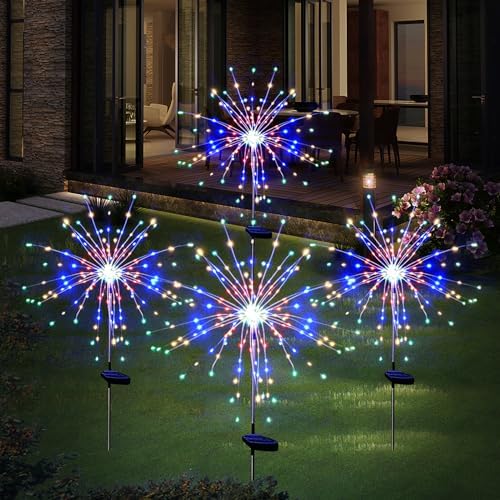 Solar Garden Firework Lights Outdoor Waterproof 4 Pack 120 LED Sparklers Solar Lights for Outside Patio Backyard Yard Pathway Walkway Christmas Decorations (Colorful)