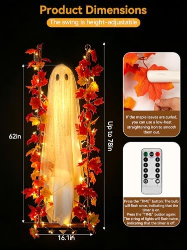 AYGXU Halloween Decorations Outdoor Indoor-5.3ft Hanging Ghost Decor with a Maple Leaf 6.6ft Swing,Ghost Light,Halloween Decor for Tree,Yard,Porch,Garden