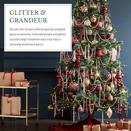 Balsam Hill Brilliant Bordeaux Bauble Christmas Ornaments Set - Glitter & Grandeur Vintage Style Tree Ornaments, 25 Pieces for Holiday Décor