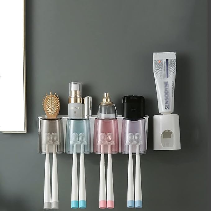 Toothbrush Rack Wall Mount Toothbrush Holder for Shaver Holder Storage Rack Bathroom Accessory Rack with Toothpaste Squeezer Kit Bathroom Toothbrush Holder