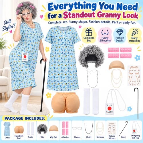 Old Lady Costume for Women, Grandma Dress Up Set for Halloween