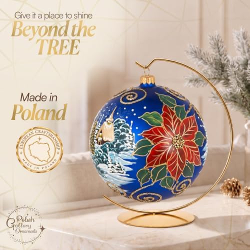 Hand Blown Glass Christmas Ornaments Ball, Wintry Navy 8 in + Stand