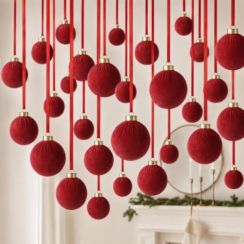 ZenNex 48 Pcs Velvet Christmas Balls Bulk, Flocked Xmas Tree Ornaments, Red
