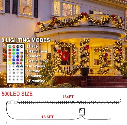 164 FT 500 LED Halloween Lights Outdoor , Waterproof RGB String Lights with Remote Control& Timer Function, 24 Colors Changing Fairy Lights for Indoor Outdoor Room Wall Christmas Tree Party Decoration