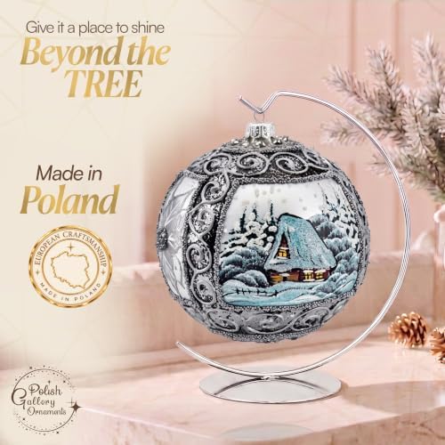 Hand Blown Glass Christmas Ornaments Ball, Winter Charm Silver 6 in + Stand