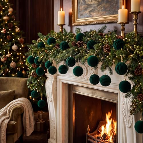 Liliful 3.15 Inch 12 Pcs Velvet Christmas Ornaments Balls, Dark Green