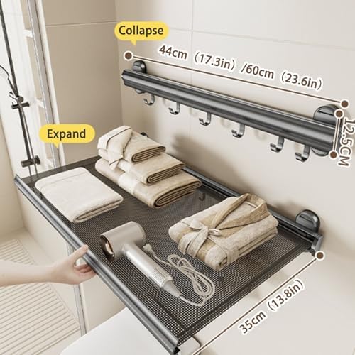 Foldable Wall-Mounted Laundry Drying Rack, Space-Saving Indoor Clothes Dryer, No-Punch Hidden Drying Net for Balcony, Bathroom, Laundry Room, Gray (23.6in)