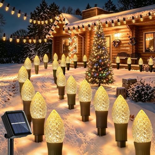Huacenmy Solar Christmas Pathway Lights Outdoor, 20 LED C9 With 20 Stakes, 23FT Decorations Strawberry String for Roof Yard Patio Walkway Driveway, Warm White