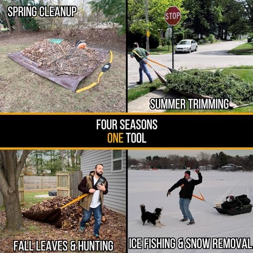 Leaf Collector Lawn Bundle - Padded Tarp Strap + Heavy Duty 8x10 Waterproof Tarp for Leaf and Lawn Waste, Hunting Sled Deer Drag Strap, Snow Removal, For use with Blower, Yard Vacuum, Mulcher, Sweeper