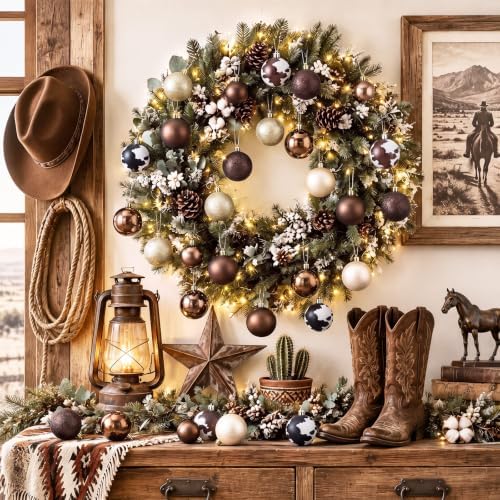 Lunmon 64 Pcs Cow Christmas Ball Ornaments Western Cowboy Xmas Bauble
