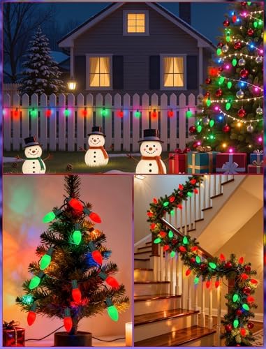 SUNSGNE C9 Red and Green Christmas Lights, 25FT Glass Ceramics Christmas Tree Lights with 26 7W Red White Glass Bulbs(1 Spare) for Backyard Patio Balcony Xmas Decor, Green Wire