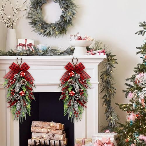 nuvagiki Christmas Teardrop Swag Decorations, Christmas Teardrop Wreath Artificial Bells Pinecones Berries Hanging Decor, Red Checked Bow Swag Decorations for Front Door Mantle Wall Indoor Home Decor