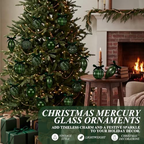 Syhood 18 Pcs Dark Green Christmas Mercury Glass Balls Ornaments, 6 Styles