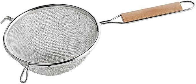 Soro Essentials- 6" Double Tinned Fine Mesh Strainer with Pan Hooks Wooden Handle- Food Sieve Strainer Kitchen Mesh Strainer Utensil for Cooking Rice Quinoa Pasta Fruits Vegetable Home Kitchen