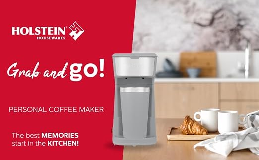Holstein Housewares Personal Coffee Maker with 14oz Travel Mug – Compact One-Touch Brew Machine with Reusable Filter, Auto Shut-Off, Non-Stick Plate, Ideal for Home, Office, or Dorm. Grey