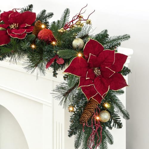 SHareconn 6FT Prelit Christmas Garland with Multi-Color LED Lights, Battery-Operated Timer, Includes Flower Ball & Poinsettia for Table Mantle Fireplace Indoor Outdoor Xmas Decor, Red and Gold, 6 FT