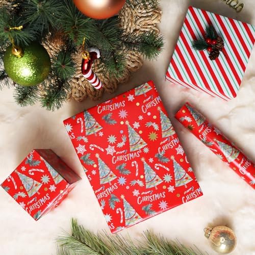 LaRibbons Red Christmas Wrapping Paper, Classic Tree & Candy Cane Striped