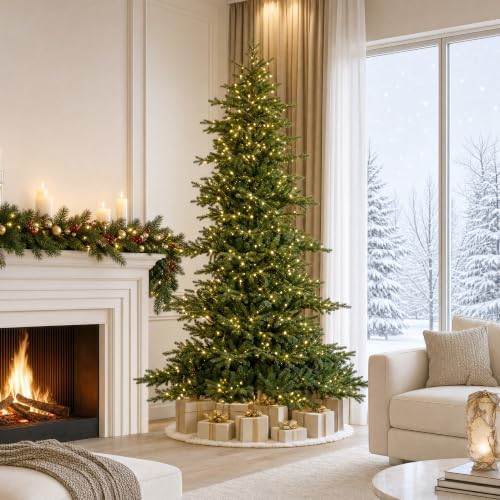 Glitzhome 9ft Prelit Artificial Christmas Tree, Full Realistic Green Glow Berry Fir Xmas Tree with 900 Warm White and Multi-Color Lights, 9 Functions with Foot Pedal, Simple Setup for Holiday Decor