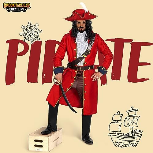 Spooktacular Creations Mens Pirate Captain Costume Set, Red Deluxe Captain Outfit for Adult Halloween Dress Up Party Cosplay