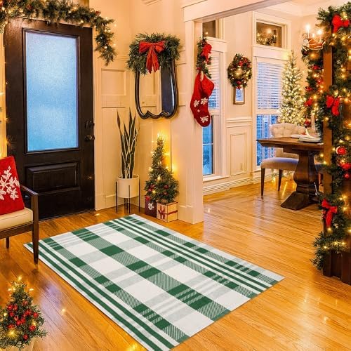 Christmas Green & White Check Rug - 4' x 6' Outdoor Front Door Decor Mat Cotton Washable Hand-Woven Rug Christmas New Year Holiday Porch Entryway Layered Doormat