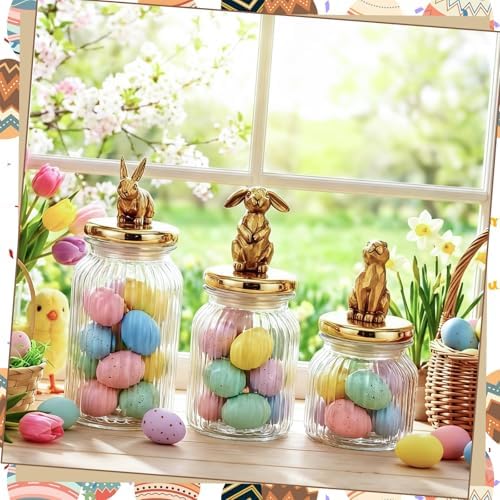 Mimorou 3 Set Easter Cookie Jar with Ceramic Bunny Lid 44oz 33oz 22oz Glass Candy Jar Food Storage Canister with Airtight Gold Lid for Easter Party Spring Tea Table Decoration