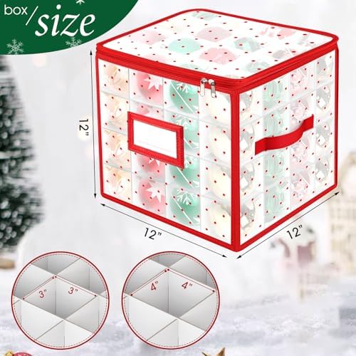 BlessedSeason Christmas Ornament Storage Box with Adjustable Dividers, Store up to 64 3-inch or 36 4-inch Christmas Ornaments, Plastic Xmas Storage with Zippered Closure & Two Handles